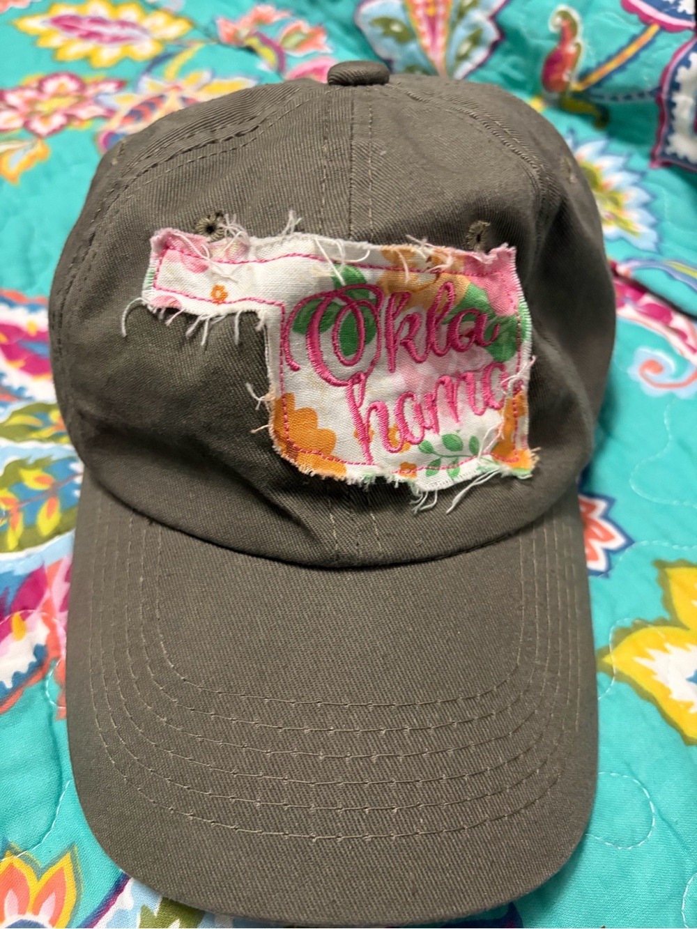 Trendy boutique Olive Green Baseball Cap with Pink & Orange Patch